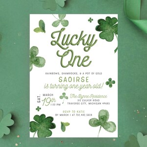 Lucky ONE First Birthday Invitation Modern Girl St. Patricks Day Birthday Time Capsule Simple First 1st Invite | Digital or Printed Cards