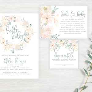 Blush Feminine Florals Baby Shower Invitation Set Greenery Spring Boho Diaper Book Card FLO-140 | Digital or Printed Cards with envelopes
