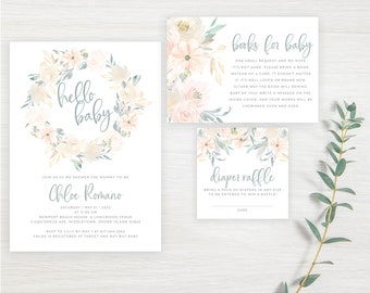 Blush Feminine Florals Baby Shower Invitation Set Greenery Spring Boho Diaper Book Card FLO-140 | Digital or Printed Cards with envelopes