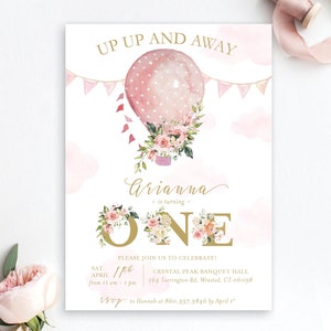 Up Up and Away Invitation Hot Air Balloon Set | First 1st Birthday Pink Floral | Digital or Printed Cards with envelopes