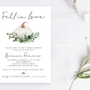 Fall in Love Autumn White Pumpkin Greenery Boho Simple Rustic Bridal Shower Invitation Invite Advice Recipe Set | Digital or Printed Cards