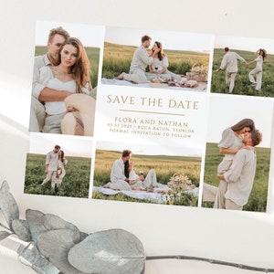 6 Photo Collage Save the Date Card Simple Gold Wedding Announcement Engagement Modern Minimal Classic |  Digital or Printed Cards (778)