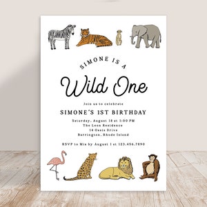 Wild One Party Animals Birthday Invite Invitation Party, Jungle Zoo Safari Wild Animals Boy Girl | Digital or Printed Cards with Envelopes