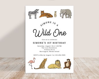 May include: A white invitation with a jungle animal theme for a first birthday party. The invitation says "Simone is a Wild One" and includes details about the party, including the date, time, location, and RSVP information.