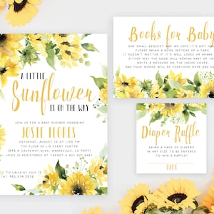 Sunflower Baby Shower Invitation Set Greenery Floral Greenery Yellow Spring Boho Diaper Book Card | Digital or Printed Cards with envelopes