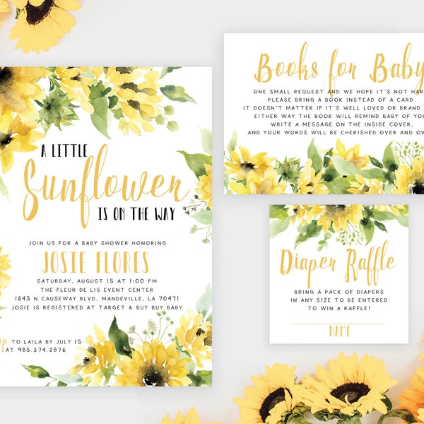 Sunflower Baby Shower Invitation Set Greenery Floral Greenery Yellow Spring Boho Diaper Book Card | Digital or Printed Cards with envelopes
