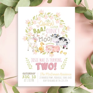 Pink Farm Animal Barnyard TWO 1st 2nd Birthday Party Invite Invitation Floral Pink Girl Greenery | Digital or Printed Cards with Envelopes