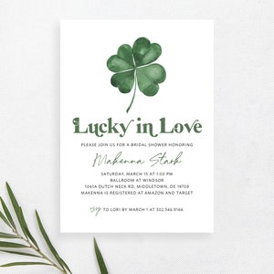 Lucky in Love St. Patrick's Day March Simple Green Shamrock Day Bridal Shower Invitation Invite Advice Recipe Set | Digital or Printed Cards