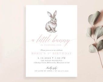 Some A Little Bunny is Turning One Any Age Pink Simple Easter Boho Girl First 1st Birthday Party Invite Invitation | Digital or Printed