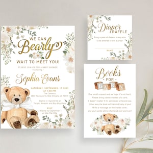 We Can Bearly Wait to Meet You Teddy Greenery Floral Gold Boy or Girl Baby Shower Invitation Diaper Book Card Set | Digital or Printed Cards
