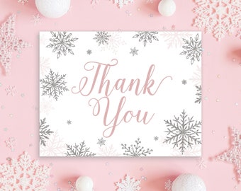 Winter Wonderland Onederland Snow Pink Snowflakes Flat Folded Thank You Cards Holiday Girl Glitter Bridal Baby Shower | Digital or Printed