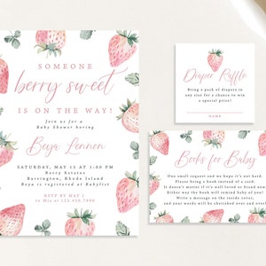 Someone Berry Sweet is on the way Baby Shower Invitation Strawberry Strawberries Pink Greenery | Digital or Printed Cards with envelopes