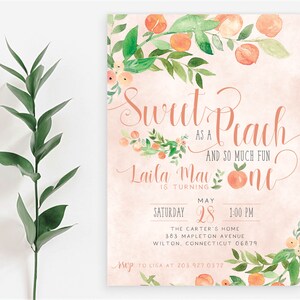 Sweet as a Peach and so Much Fun First 1st Birthday Party Invitation Peaches Greenery Invite ONE | Digital or Printed Cards with envelopes