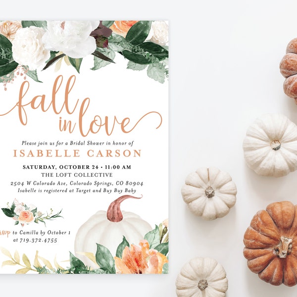 Fall in Love Autumn Pumpkin Greenery Floral Bridal Shower Invitation Invite Cream Boho Rustic Advice Recipe Set | Digital or Printed Cards