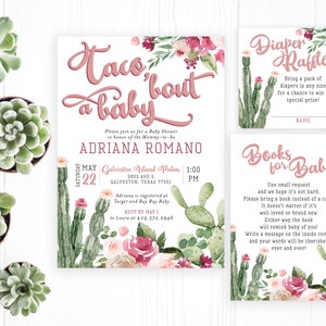 Taco 'Bout a Baby Baby Shower Invitation Set Greenery Cactus Greenery Floral Succulents Pink Diaper Book Card Set | Digital or Printed Cards