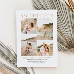 Save the Date Card 4 Photo Collage Gold Simple Timeless Wedding Announcement Engagement Modern Minimal | Digital or Printed Cards (783)
