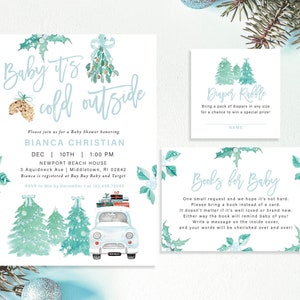 Baby it's Cold Outside Boy or Girl Baby Shower Invitation Set Winter Snowflakes Snow Holiday Blue Truck Diaper Book | Digital Printed Cards