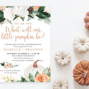 He or She What will Our Little Pumpkin Be? Gender Reveal Invitation Invite, Fall Autumn Pumpkin Floral Greenery | Digital or Printed Cards