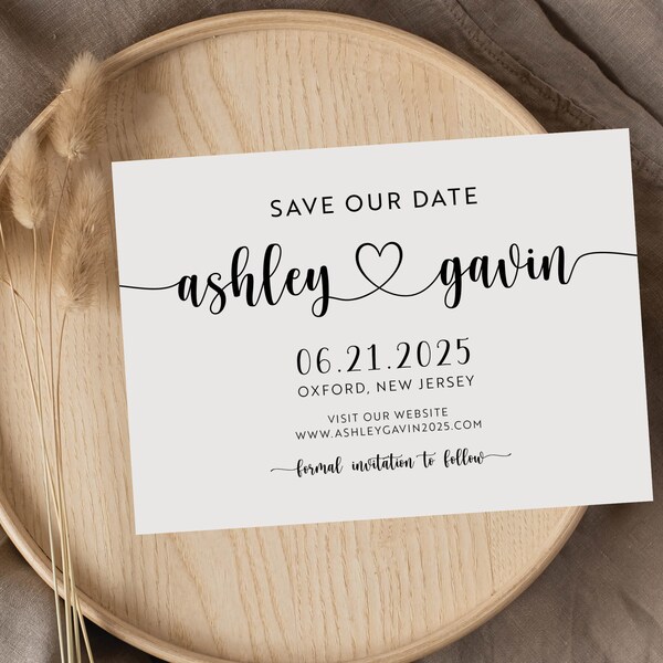 Save the New Date Card our Wedding Announcement Engagement Simple Modern Minimal No Photo Script Black White, Digital or Printed Cards (759)