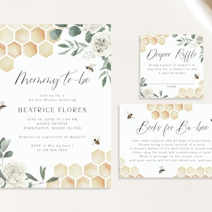 Mommy to Bee Baby Shower Invitation Set Greenery Floral Honeycomb Honey Buzz Gold Diaper Book Card | Digital or Printed Cards with envelopes