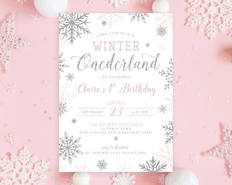 Winter Onederland Wonderland One Any Age Winter Snow Snowflakes Pink Girl First 1st Birthday Party Invite Invitation | Digital or Printed