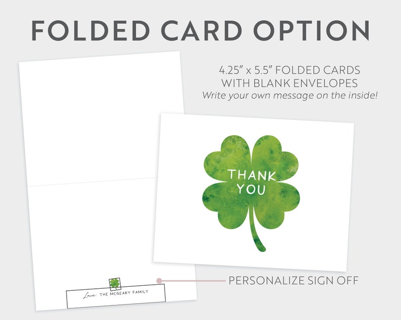 St. Patricks Day Shamrock March Green Simple Clover Flat or Folded Thank You Cards Girl Boy Bridal Baby Birthday Shower Digital or Printed image 5