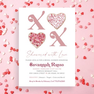 Love is in the Air Valentine's Day Bridal Shower Invitation Invite February Pink Cookie Heart Advice Recipe Set  | Digital or Printed Cards