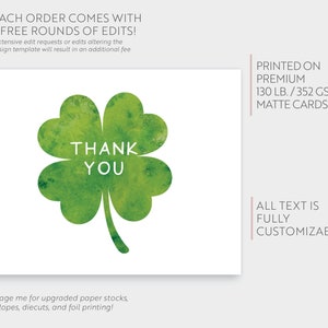 St. Patricks Day Shamrock March Green Simple Clover Flat or Folded Thank You Cards Girl Boy Bridal Baby Birthday Shower Digital or Printed image 2