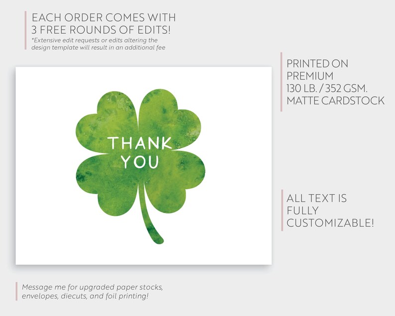 St. Patricks Day Shamrock March Green Simple Clover Flat or Folded Thank You Cards Girl Boy Bridal Baby Birthday Shower Digital or Printed image 2