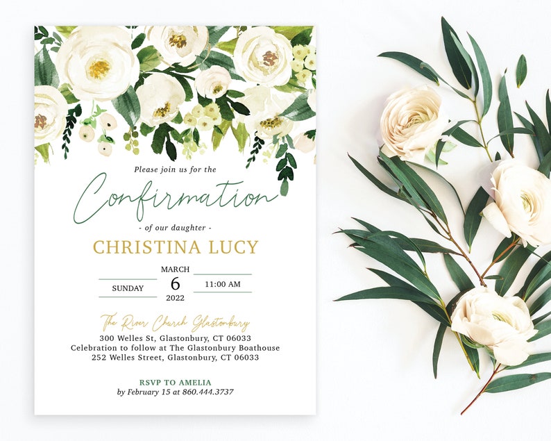 Cream Floral Greenery Religious Baptism First Communion Christening Confirmation Invite Invitation Lush Gold Boho Digital or Printed Cards