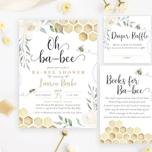 Oh Ba-bee Bee Baby Shower Invitation Set Greenery Floral Honeycomb Honey Buzz Diaper Book Card | Digital or Printed Cards with envelopes