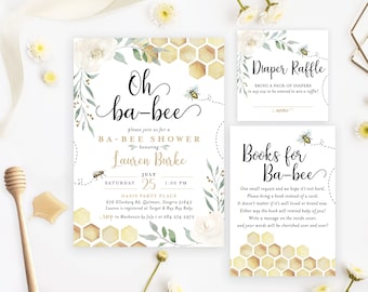 Oh Ba-bee Bee Baby Shower Invitation Set Greenery Floral Honeycomb Honey Buzz Diaper Book Card | Digital or Printed Cards with envelopes