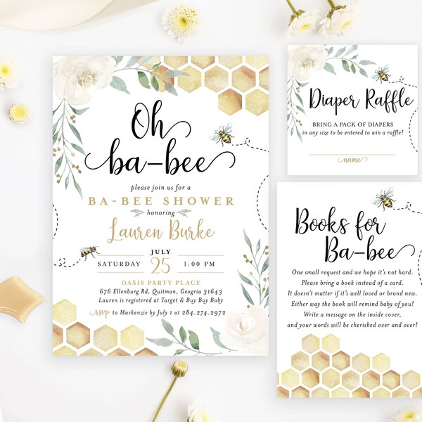 Oh Ba-bee Bee Baby Shower Invitation Set Greenery Floral Honeycomb Honey Buzz Diaper Book Card | Digital or Printed Cards with envelopes