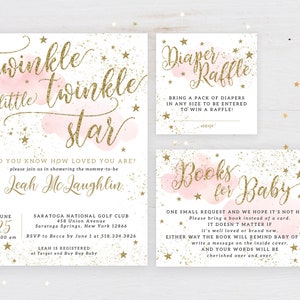 Twinkle Twinkle Little Star Girl Baby Shower Invitation Set Glitter Stars Clouds Diaper Book Card | Digital or Printed Cards with envelopes