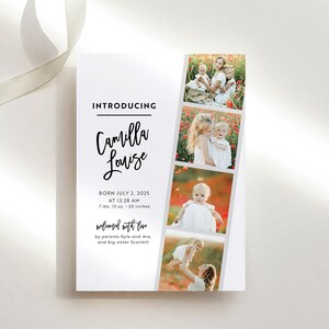 Photo Booth Strip Photo Collage Birth Announcement, Newborn Baby Stats Thank You Card Simple Minimalist Boy Girl Digital or Printed (807)