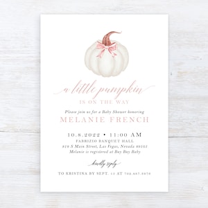 A Little Pumpkin is on the Way Baby Girl Fall Autumn Pink Bow Baby Shower Invitation Set White Pumpkin Diaper Book | Digital Printed Cards