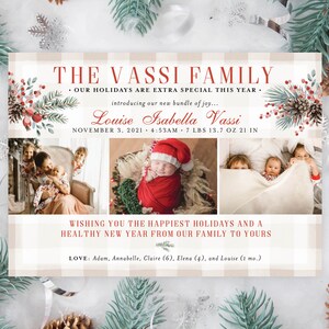New Baby Announcement 2021 Holiday Family Christmas New Year Card, Neutral Plaid Pine Berries Photo Collage | Digital or Printed Cards (682)