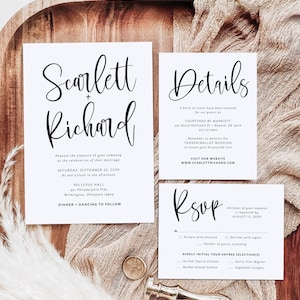 Scarlett | Minimalist Wedding Invitation Reply Card and Details Suite Set, Timeless Simple Modern Script Classic | Digital or Printed Cards