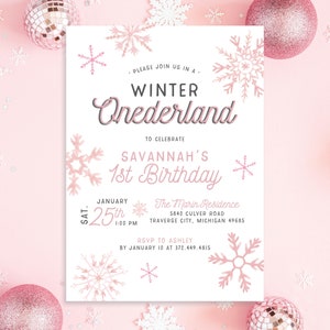 Winter Onederland Wonderland One Any Age Winter Snow Snowflakes Pink Girl First 1st Birthday Party Invite Invitation | Digital or Printed