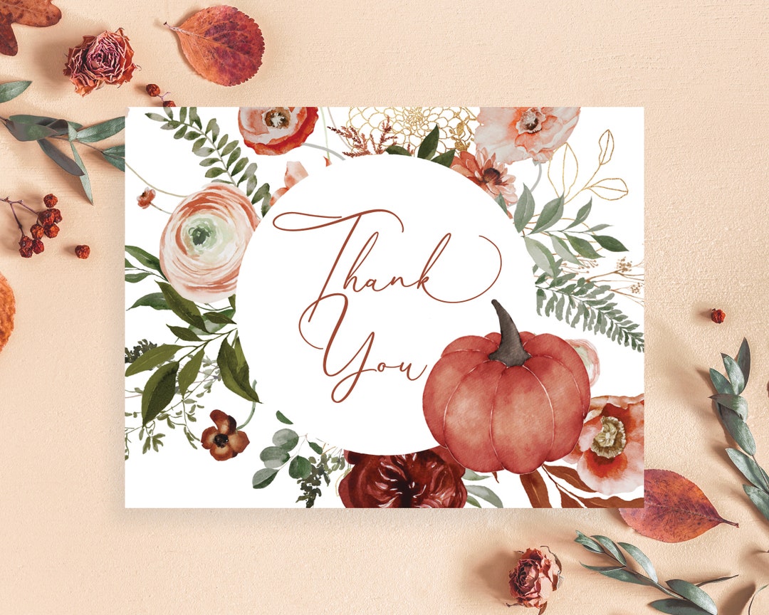 Fall Autumn Thank You Cards Burgundy Neutral Gold Orange Flat or Folded ...