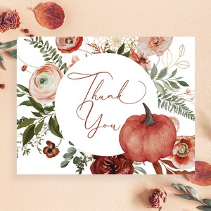 Fall Autumn Thank You Cards Burgundy Neutral Gold Orange Flat or Folded Boho Floral Greenery Pumpkin Bridal Baby Shower | Digital or Printed