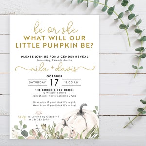 He or She What will Our Little Pumpkin Be? Greenery Fall Gender Reveal Invitation Invite Gold Autumn Boy or Girl | Digital or Printed Cards