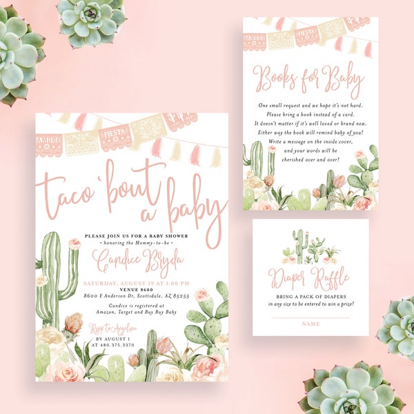 Taco 'Bout a Baby Baby Shower Invitation Set Fiesta Cactus Greenery Floral Succulents Pink Diaper Book Card Set | Digital or Printed Cards