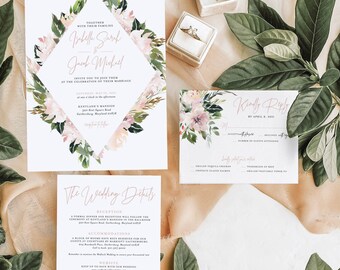 May include: A wedding invitation suite with floral designs. The invitation features a pink and green floral border with the text "Together with their families Isabelle Sarah & Jacob Michael" in a pink script font. The RSVP card features a floral design with the text "Kindly Reply by April 4, 2021".