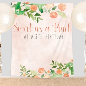Sweet as a Peach Peaches Greenery Photography Backdrop Photobooth Curtain Tapestry Bridal Baby Shower Birthday Personalized Girl Boho Floral