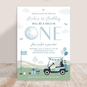 Hole in One Blue Golf Boy Girl Birthday Invite Invitation Party Golfing Masters Hole-in-One Golfer | Digital or Printed Cards with Envelopes