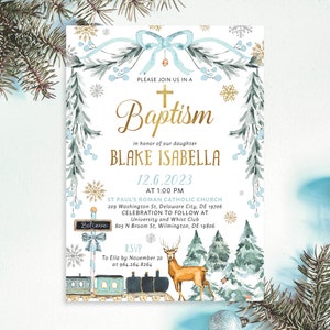 Winter Wonderland Glitter Blue Snow Christmas Holiday Religious Baptism, First Communion, Christening Invite Invitation | Digital or Printed