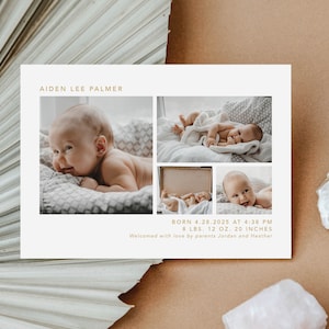 New Baby Birth Announcement 4 Photo Collage, Newborn Baby Stats Thank You Card, Modern Minimalist Simple | Digital or Printed Cards (812)