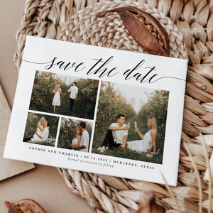 Save the Date Card 4 Photo Collage Simple Timeless Wedding Announcement Engagement Modern Minimal Black White Digital or Printed Cards (796)