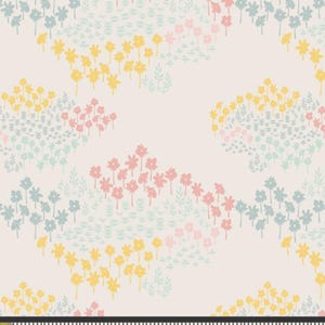 May include: A fabric with a repeating floral pattern. The design features clusters of yellow, pink, and blue flowers with green leaves on a cream background. The pattern is measured with an inch ruler.